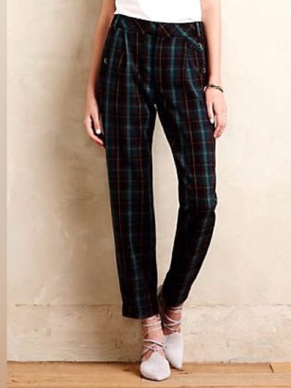 Anthropologie Cartonnier Kames Pleated Plaid Ankle Pants Blue Green Size 2